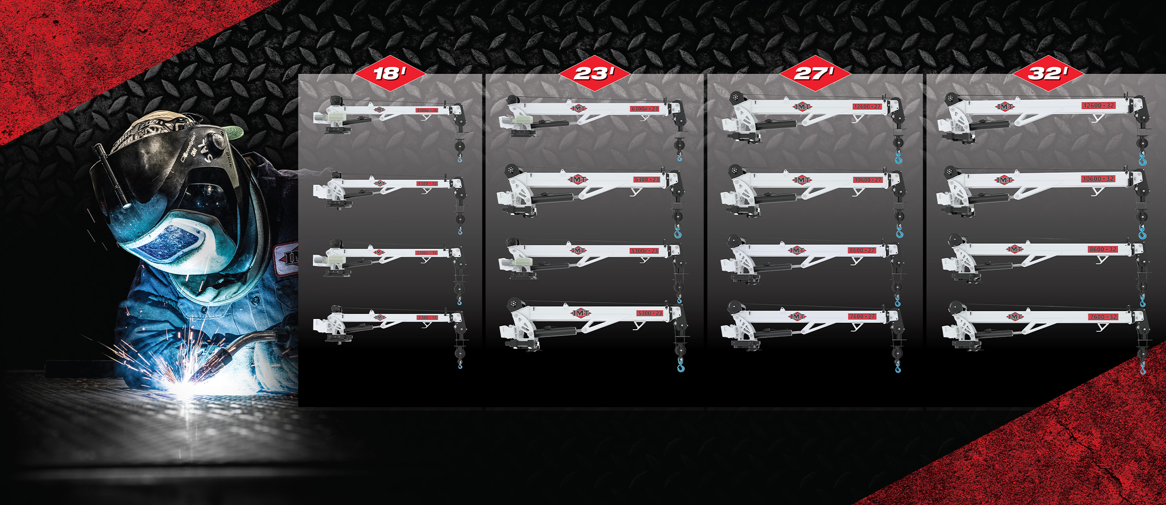 A product comparison chart displaying 16 white IMT telescopic cranes, highlighting models with horizontal boom reaches of 18, 23, 27, and 32 feet.